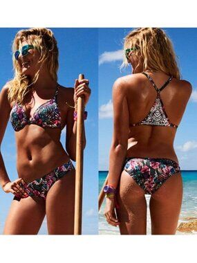 Victoria's Secret PINK | Black Multicolor Palm Bikini Bottoms | Size Large